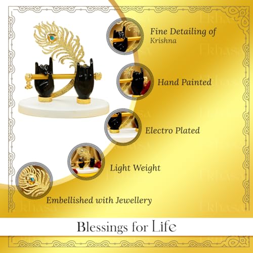 Image of Ekhasa Lord Krishna Hands with Flute Idol (Small Size) | Krishna Flute Hand Statue | Krishnaji Divine Hand Idol with Flute, Peacock Feather | Krishna Statue for Car Dashboard & Griha Pravesh Gift
