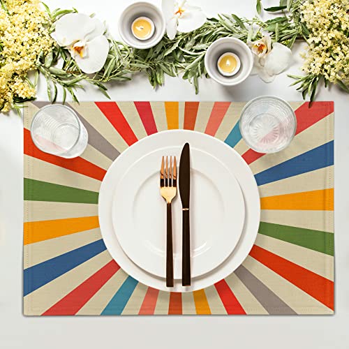 Image of Colorful Boho Placemats Set of 4 Rustic Retro Rainbow 70s Sun Linen Washable Kitchen Dining Table Mats Stain Heat-Resistant Desktop Decor Place Mats for Home Party Indoor 12x18 in
