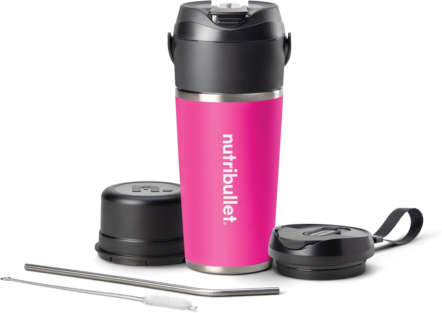 nutribullet Flip NBP016MA, Blender Portable avec Gobelet Isotherme de 590ml, Conserve le Froid Pendant 24h, Couvercle et Paille Inclus, Chargement USB-C, Acier Inoxydable, Couleur Magenta