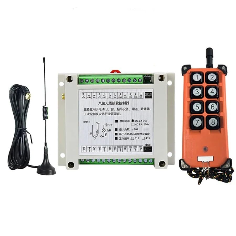Juego de mando a distancia inalámbrico de 8 canales, receptor y transmisor CC 12 V/24 V/36 V | Control de radio industrial con alcance de 20 – 300 m (1RF)