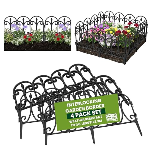 My Garden Fence Panels 4 Pack - 2.3M Decorative Garden Edging Panels with Secure Ground Stakes - Weather-Resistant Inter-Locking Fence Edging Easy Hammer-In Setup for Paths Lawns & Flower Beds