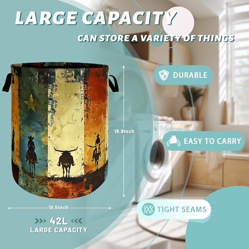 Image of Western Cowboy Laundry Basket Oxford Cloth Hamper 18.9x16.5 Inch | Foldable With Handle Tote Bag Colorful Laundry Hamper Clothes Storage Bucket Toy Organizer For Bathroom /Laundry /Bedroom