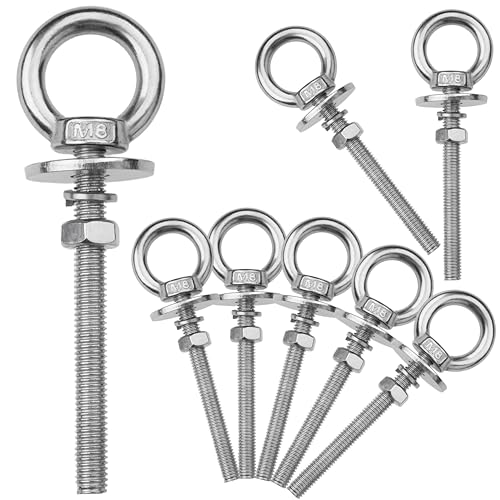 Image of 8 Pack M8 Stainless Steel Eye Bolts with Nuts,5 /16 inch x 3 inch Eye Bolts | 304 Stainless Steel Eye Bolt,Eye Bolts Heavy Duty for Hang Tie Down Outdoor,m8 eye bolt,Long Lifting Ring Eye Bolt