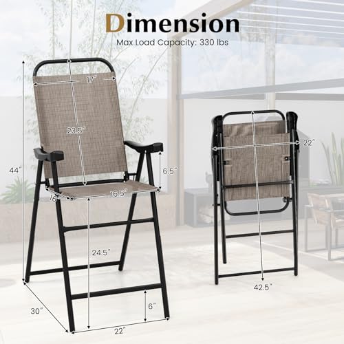 Image of COSTWAY 2 Pieces Patio Folding Bar Chairs with Metal Frame, Footrest, Arms | Outdoor Counter Height Bar Stools with High Backrest, High Top Chairs for Balcony, Garden, Deck, Porch & Poolside (Coffee)