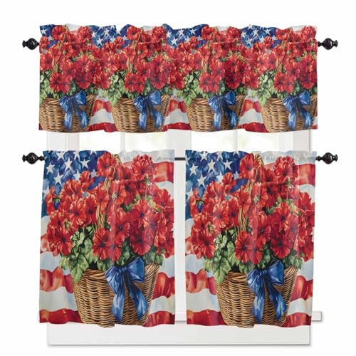 Independence Day Kitchen Curtains 36 Inch Length,3 Piece Rod Pocket Small Half Tiers and Valance Set,Patriotic Red Poppy Flower Blue Flag Small Large Window Treatment Decor for Bedroom/Bathroom Sink