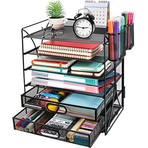 Daofary Desk Organizers and Accessories, Office Desk File Organizer with 2 Drawer and 2 Pen Holder, Black Mesh Office Desk Organizers and Storage for Office School Supplies (B - 6 Tier) Cover