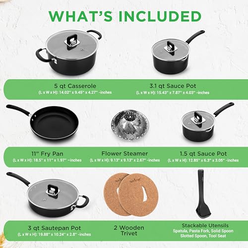 Image of NutriChef 17-Piece Non-Stick Pans & Pots Set - Space-Saving, Induction-Compatible, Foldable Knob, Black Cookware with Heat-Resistant Utensils for Kitchen & RV