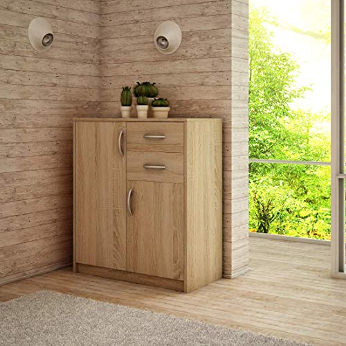 MATKAM Schlafzimmer Kommode mit Schubladen und Türen - Sideboard Wohnzimmer H:85xB:74xT:35 cm - Komode mit 2 Schubladen und 2 Türen - Komodenschrank für Schlafzimmer - Sonoma Eiche