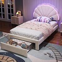 3ft Single Bed Frame with LED, Ottoman Storage Bed, Single Bed Velvet Metal Frame with 2 Drawers,Upholstered Princess Bed with Shell Shape Backrest, Beige (90x190cm)
