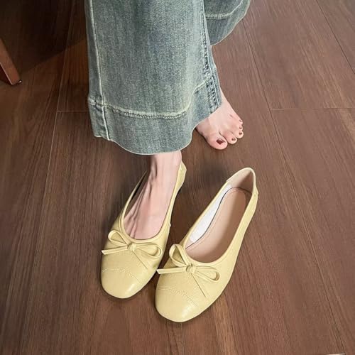 ChaiRong Zhou Women Bowknot Square Toe Pu Leather Flats Slip on Casual Dress Office Driving Shoes2
