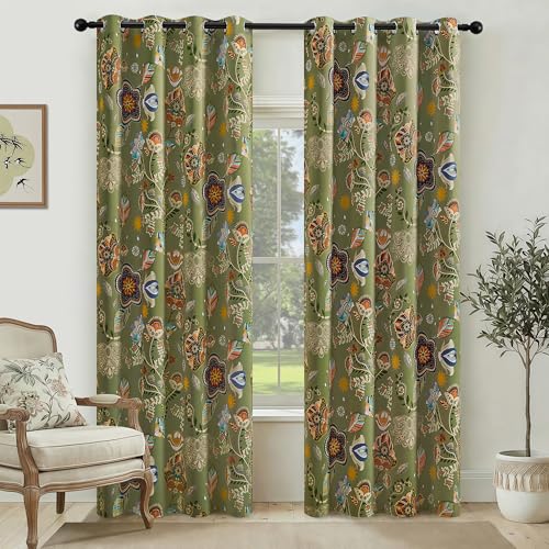 Image of XiDi Sage Green Floral Patterned Curtains Boho 100% Blackout Curtains 52x84