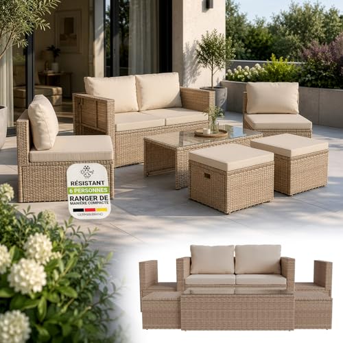 Juskys Salon de Jardin Salou en polyrotin - Espace Lounge d'extérieur résistant aux intempéries pour 6 Personnes - Coin Salon avec Table & Coussins - pour...