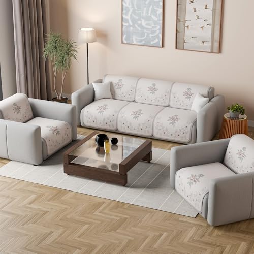 Image of Kuber Industries 5 Seater Sofa Cover | Slipcover for Living Room | Thick & Cozy | Non-Slip Comfort Sofa Cover Set | Painting Delta 1380 - Cream