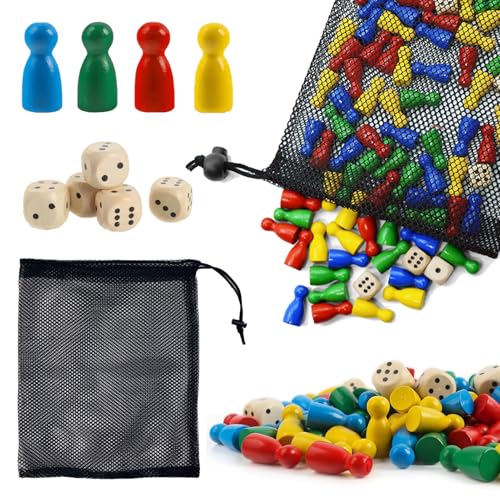 ZXNJA 80 Stück Spielfiguren Für Brettspiele Spielfiguren Set SpielfigurenHolz 25 X12mm Und 6 Würfel Aus Holz Mit Säckchen Zur Aufbewahrung Bunte HalmakegelHolz Für Flugschach Dame Brettspiele