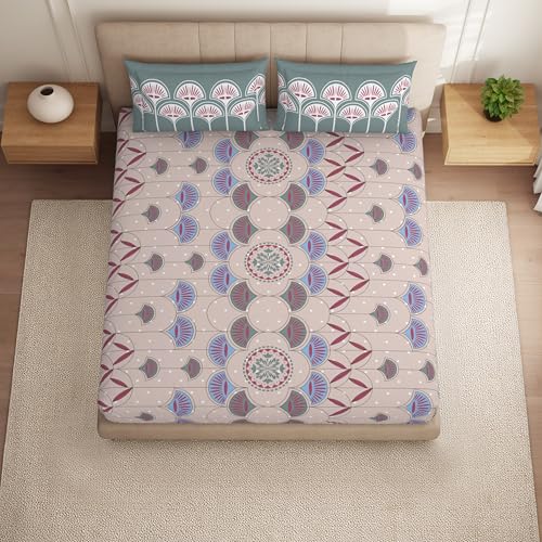Image of Spaces Welspun Ease 120 TC 100% Cotton Ornate Print Double Bedsheet with 2 Pillow Covers - Soft Feel, Skin Friendly & Easy Care - 224X254 Cm - Blush