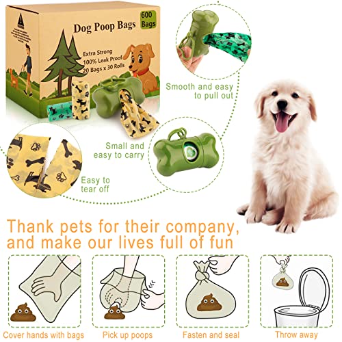 AMAYGA Hundekotbeutel 24 Rollen (600 Tüten) 1 Spender,auslaufsichere Kotbeutel für Hunde extra dick & reißfest,tropfsichere Hundetüten,Dog Poo Bags