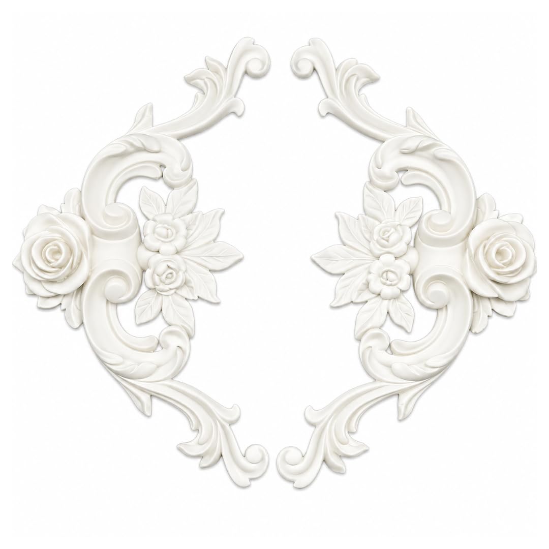Baroque Wood Carved Mirror Applique Pair (2 Pcs), Rose Scroll Furniture Ornament for Wardrobe, Cabinet, Wall & DIY Décor-image-10