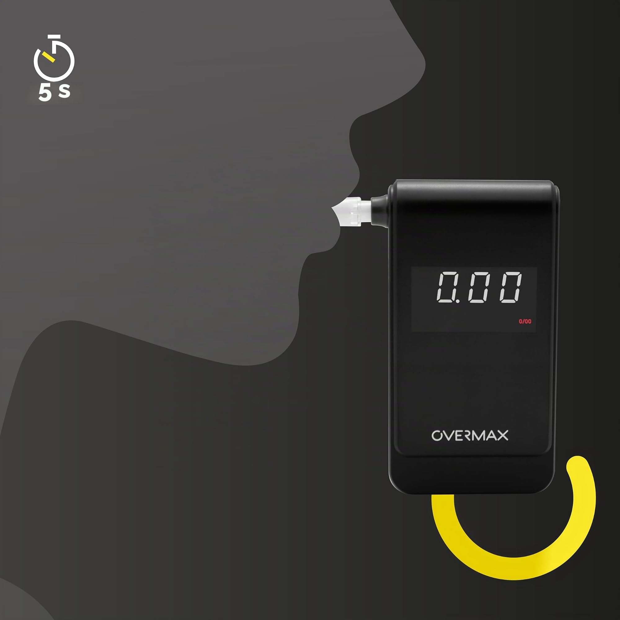 Overmax AD-10 Alcoomètre, Alcootest Personnel, Mesure de Précision +/- 0,05 ‰ / 0,005% BAC, 15 Embouts Buccaux, Temps de Réponse 5 Secondes Mémoire de Mesure, Calibrage, Piles 2 x AAA