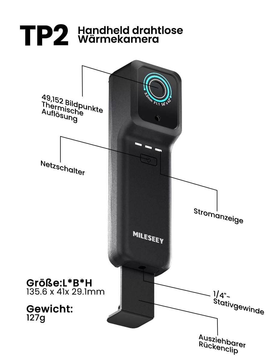 MiLESEEY TP2 Wärmebildkamera für Smartphones, Wärmebildkamera mit 256 x 192 IR-Auflösung für iOS und Android, -4 °F ~ 1022 °F Temperaturbereich, 40 Mk Thermische Empfindlichkeit