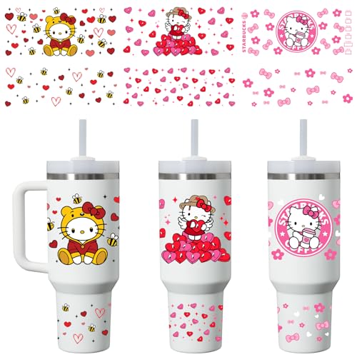Gvajkej 6 Sheets UV DTF Cup Wrap Transfer Stickers for 40 oz S-tan-Ley Tumblers, Waterproof Sticker Decals Rub on Transfers for Water Glass Cups Furniture DIY Crafts (Kittie Pink)