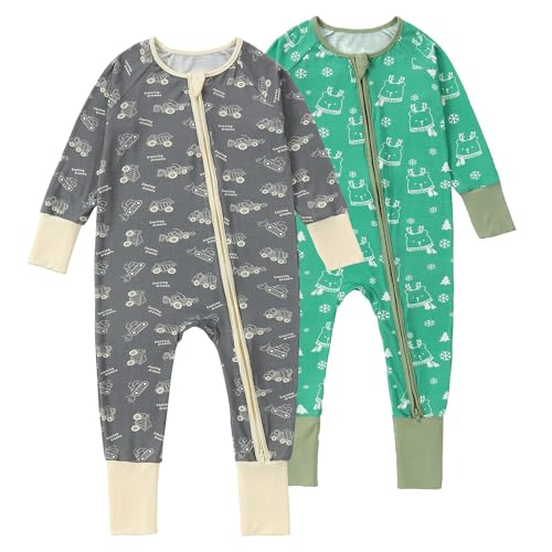 HAHASHOW Onepiece Romper 2-Pack Baby Boy Girl Newborn Zip Up Outfit Long Sleeve Rollover cuffs Christmas 0-24 Months