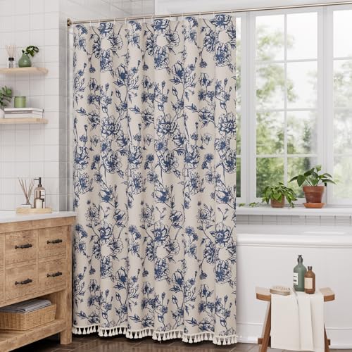 Image of AmazerBath Navy Blue Floral Shower Curtain, Modern Farmhouse Shower Curtain Set with Tassels, Rustic Faux Linen Shower Curtain Washable with Hooks for Cottagecore Style, 72x72 Inches
