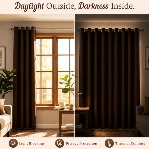 Image of 100% Blackout Window Curtains, 5 Feet, Solid Design, Faux Silk, Thermal Insulated, Noise Reducing Eyelet Door Curtain with Tie Back for Living Room & Bedroom, 115x150cm, Pack of 1 - Coffee