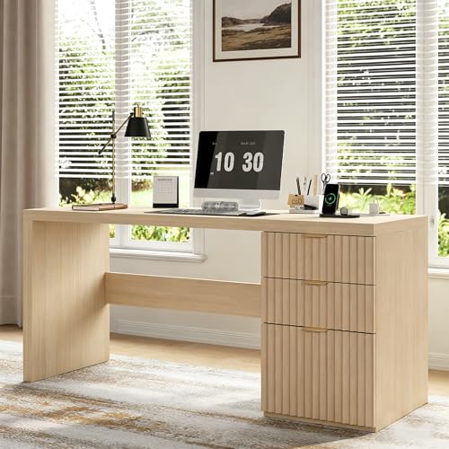 60 Fluted Executive Desk with Ample File Drawer & Large Charging Station Wood Modern Home Office Desk with Storage Computer Writing Desk for Work Living Room Bedroom Durable & Sturdy Natural