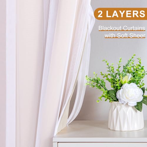 Image of DWCN Beige Blackout Curtains with Sheer Overlay with Tiebacks 84 Inch Long
