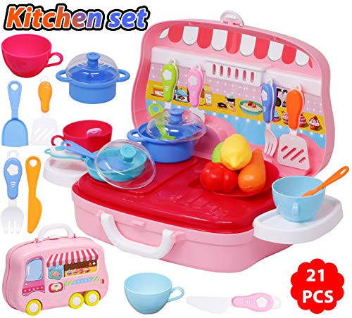 Image of Zest 4 Toyz Kitchen Set for Kids Girls Pretend Play Toys Portable Suitcase Cooking Set Role Play Toy 21 Pieces