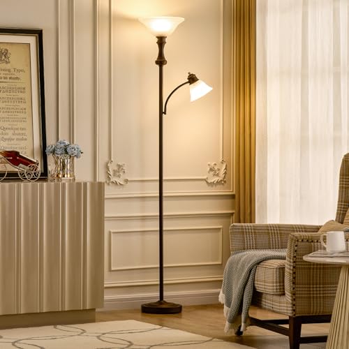 Image of Torchiere Floor Lamp, Adjustable Angle Reading Lamp-Red Brown 71IN | Standing Lamp for Bedroom with Glass Shade, Tall Floor Lamp for Living Room Decor, Office, Corner, Knob Switch, Bulb Included