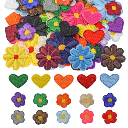 BuxiuGK 65 Piezas Parches Termoadhesivos Flores,28 Piezas Parche Bordados de Margaritas 22 Piezas Girasol 15 Piezas Parches Para Planchar En Forma De Corazón Pegatinas