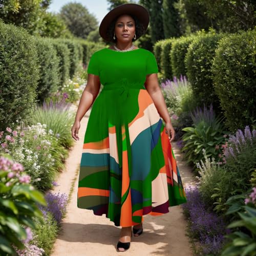 Image of Hostoyo Women Plus Size Formal A Line Maxi Dress Self Tie Waist with Pockets Elegant Round Neck Swing Long Dresses