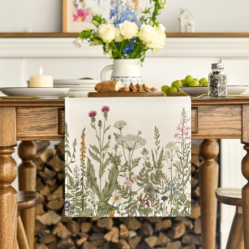 Artoid Mode Antique Herbs and Wild Flowers Spring Table Runner, Seasonal Kitchen Dining Table Decoration for Home Party Decor 40x140 cm - Image 3