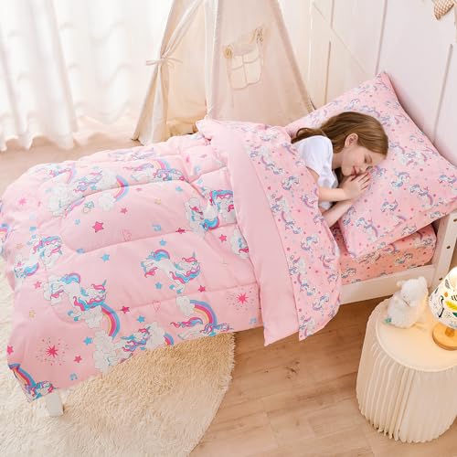 Image of lasoftan Pink Unicorn Toddler Bedding Set for Girls, 4 Piece Bed-in-a-Bag Toddler Comforter Sets, Super Soft and Comfortable Microfiber Todeeler Bed Set