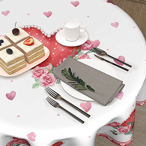 Giwawa Round Tablecloth 60 Inch, Red Pink Hearts Rose Flower Circular Table Cloth With Check Plaid, Mothers Day Love Watercolor Romantic Table Cover For Kitchen Dining Wedding Anniversary Decor #TOP4