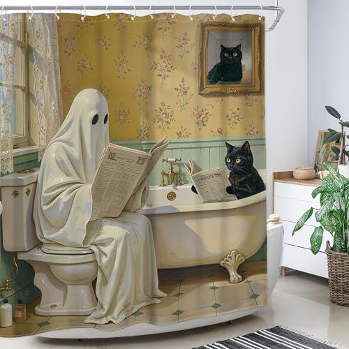 Image of Halloween Shower Curtain Funny Ghost Black Cat 60Wx72H Inch Decor