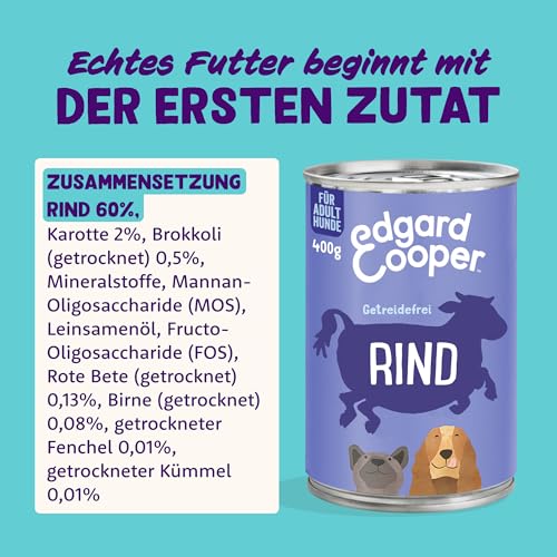 Edgard Cooper Nassfutter für Hunde Rind, 400g x 6, Hundefutter Nass 400g Getreidefrei, natürliche Zutaten und frisches Fleisch, voller essentieller Aminosäuren