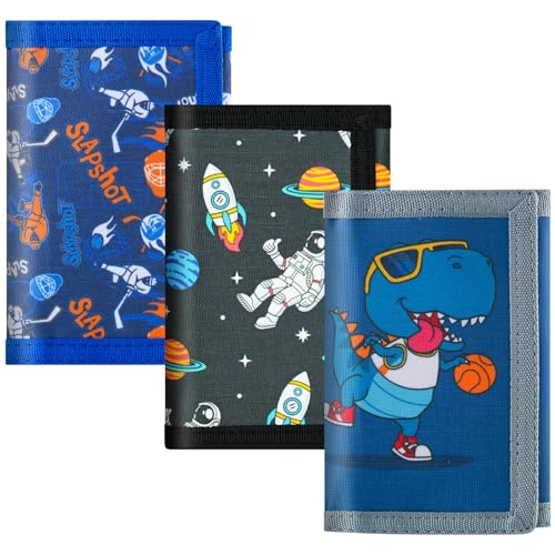 3 Packs Kids Wallet Bulk, Mini Trifold Coin Purse Cartoon Wallet, RFID Blocking Wallet, Front Pocket Wallet with Zipper for Kids, Canvas Outdoor Sports Wallets with Magic Sticker - Dinosaur 2