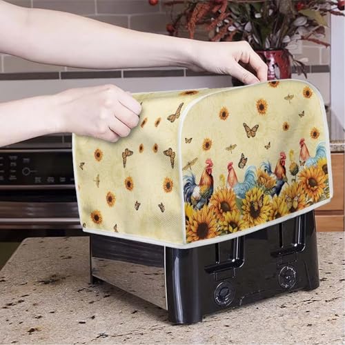 Image of Talayituse Rooster Chicken Print 2 Slice Toaster Cover Dust Protection Sunflower Butterfly Dragonfly Bread Maker Cover Toaster Oven Cloth Cover Kitchen Accessories Washable Appliance Cover with Handle