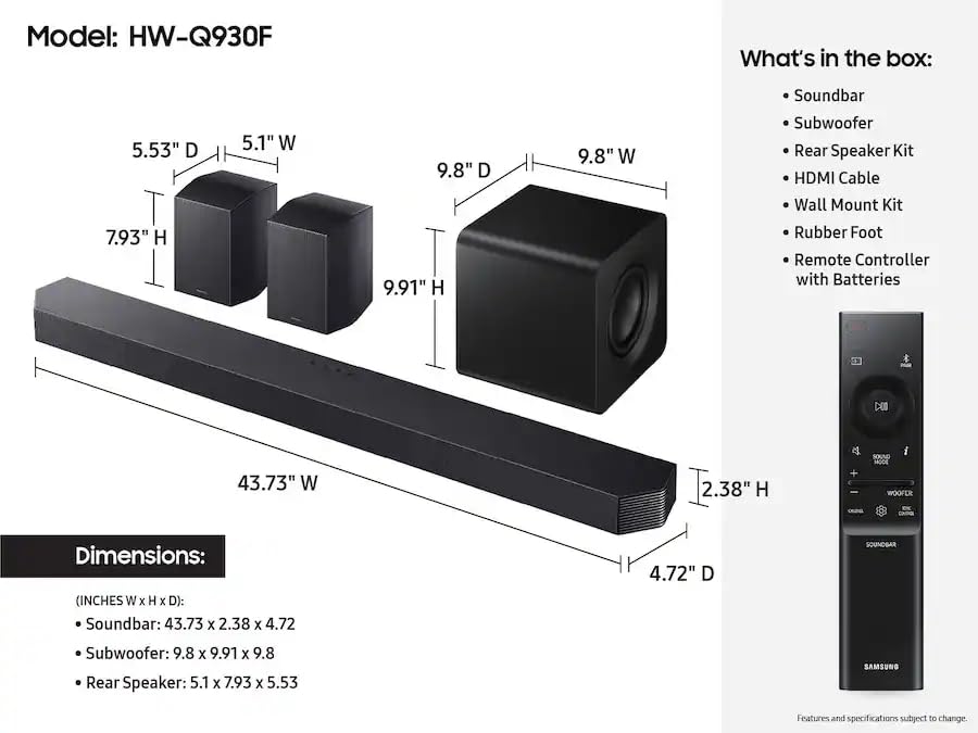 Image of Samsung HW-Q930F Q-Series 9.1.4ch Soundbar System with Wireless Subwoofer and Rear Speakers, Dolby Atmos, DTS:X & Q-Symphony for Immersive Home Audio