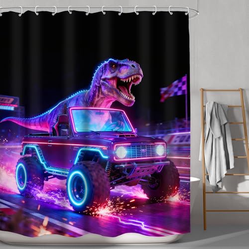 Image of Neon Dinosaur Shower Curtain Bathroom Set 60Wx71H Inches Cool Kids Boys Cartoon Racing Car Funny Dino Colorful Wheels Bath Accessories Interesting Animal Art Home Decor Fabric 12 Pack Hooks