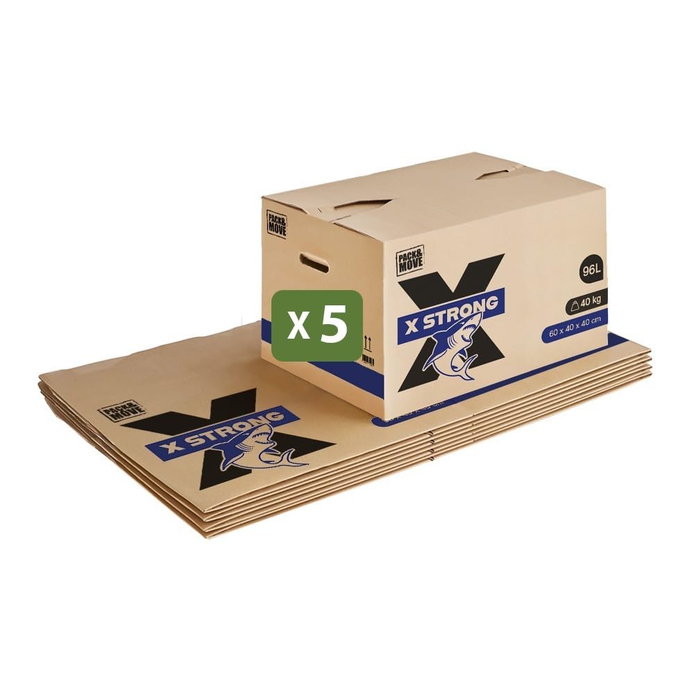 Pack and Move - Zestaw 5 kartonów do przeprowadzki X Strong - 60 x 40 x 40 cm - Obciążenie 40 kg - ekstremalna wytrzymałość - duża pojemność
