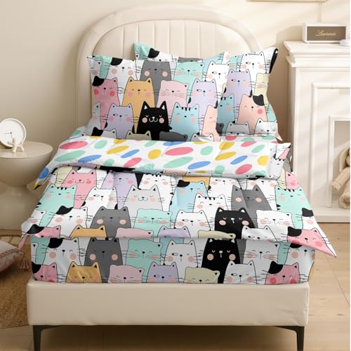 Image of Kids Comforter Set,Zipper Bedding Twin for Girls,Cats Printed Comforter Set with Color Spots Fitted Sheets and Pillowcases for All Season(Cat)