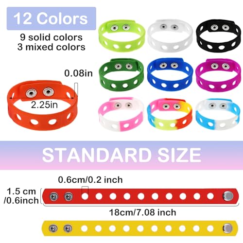 Image of MTLEE 12 Pieces Silicone Charm Rubber Bracelets Silicone Wristbands Adjustable Bracelets with Holes for Shoe Charm Girls Boys Birthday Party Award