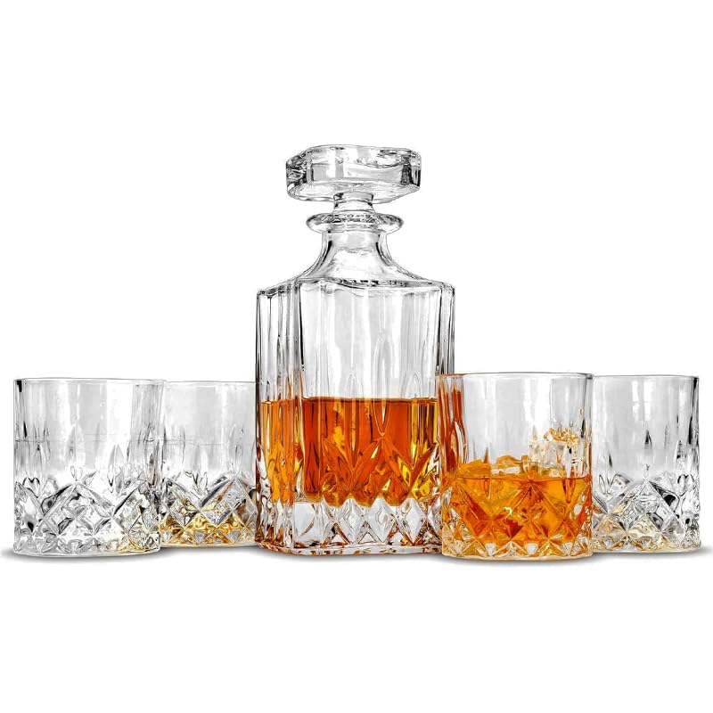 Virsus Set 1 Bottiglia e 4 Bicchieri per Whisky in Vetro WH001, Bottiglia da 900ml e Bicchieri da 250 ml, Decanter Trasparente senza Piombo, Kit 5 Pezzi per liquore, rum, gin e cognac, Idea Regalo