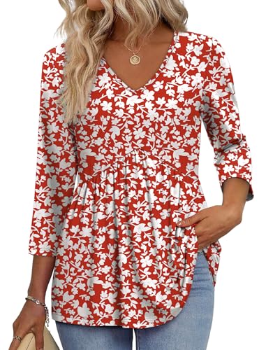Image of OFEEFAN 3 /4 Length Sleeve Womens Tops 2026 Blouses for Women Dressy Casual Fashion Clothing V Neck Babydoll Tops Fall Outfits