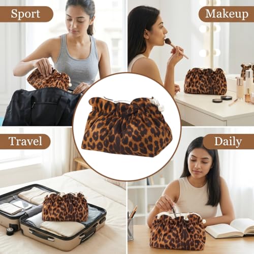 Image of MAYCREATE Leopard Makeup Bag for Women Girls,Cute Cheetah Travel Toiletry Cosmetic Bags,Aesthetic Make Up Bag Portable Zipper Skincare Storage