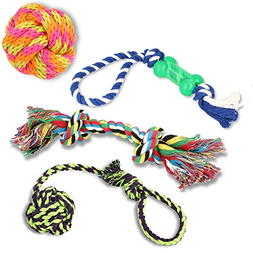 Golden Pets Hundespielzeug 4-teiliges Set I Ideal für kleine bis mittelgroße Hunde und Welpen I Aus natürlichen hochwertigen Baumwollfasern I + Gratis Pflegehandbuch