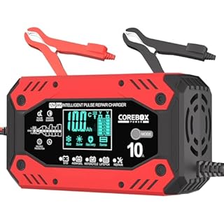 COREBOX Battery Charger 10-Amp 12V/24V- Fully Automatic Car Battery Charger- Trickle Charger, Chargeur Intelligent, Battery Maintainer with Temperature Compensation for Car Truck Motorcycle Lawn Mower